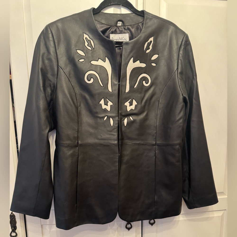 Pamela McCoy Black Leather Jacket with Cream Details
